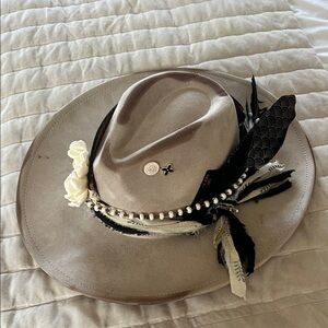 One-of-a-kind custom wide-brim fedora hat handcrafted luxe boho-western details.